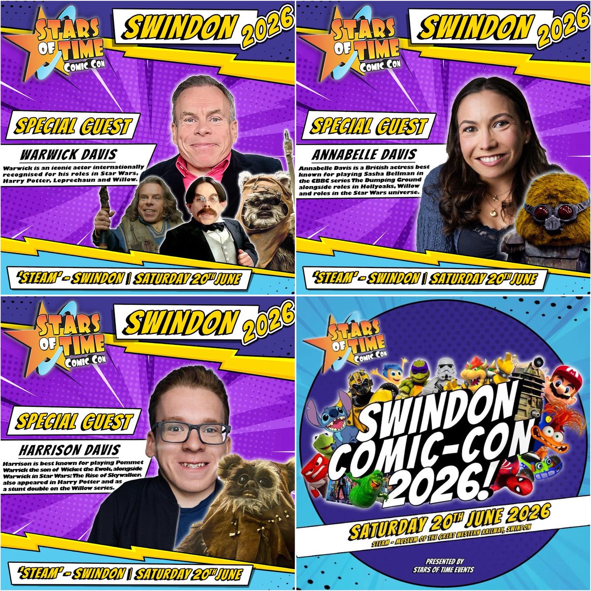 STARSOFTIME's tweet photo. THE DAVIS FAMILY! 

We can’t wait to welcome Warwick, Harrison and Annabelle to SWINDON COMIC CON next month! 

Stars of Time Comic Con, Saturday 20th June, STEAM, Swindon

BOOK YOUR EVENT &amp; GUEST PHOTOSHOOT TICKETS TODAY: https://t.co/jy8SrpiV1K

#comiccon #starwars #harrypotter https://t.co/hIVvVp13B5