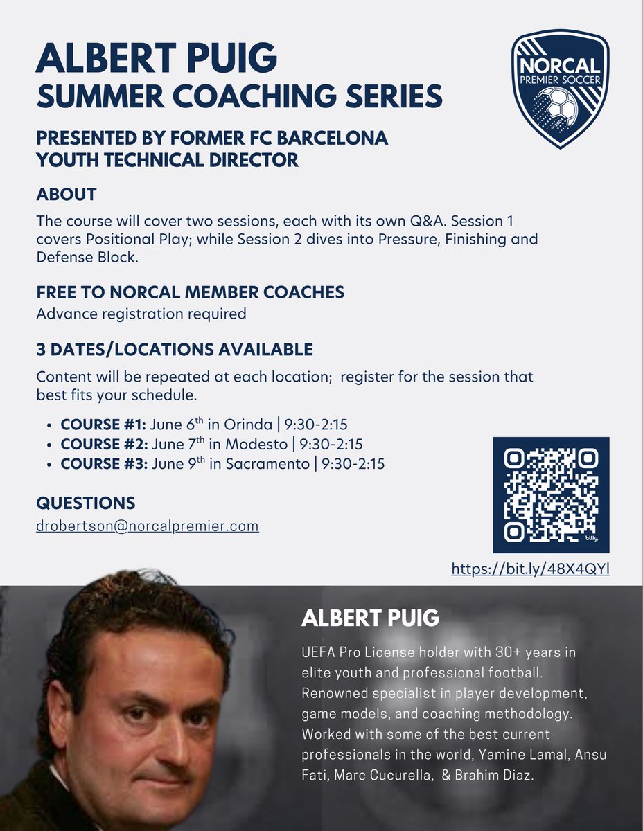 NorCalPreSoccer's tweet photo. Join us next month for a FREE coaching education opportunity with former FC Barcelona Youth Technical Director Albert Puig! 

Registration and more info: https://t.co/ZOorqMKQD3 https://t.co/Km36Om7g06