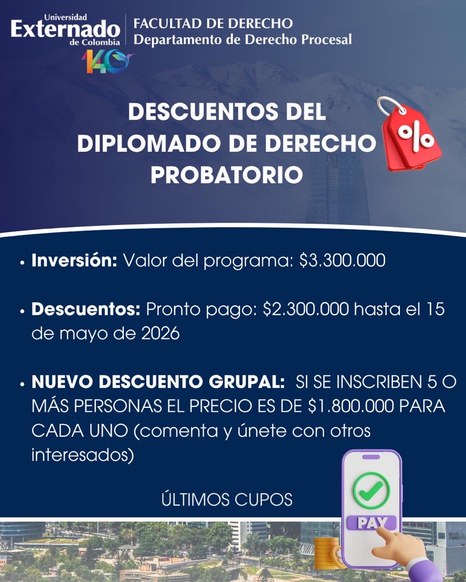ProcesalUEC's tweet photo. 📢 ¡🟢Los estuvimos leyendo y escuchando así que, traemos descuentos para ti! 🟢 🔉

Inscríbete al Diplomado en Derecho Probatorio 2026 en modalidad virtual.🕵🏻‍♀️🟢👩🏻‍🏫

Comenta y encuentra personas interesadas en el diplomado para lograr el descuento💰👀👩🏻‍💻 https://t.co/bxw11ixE9P