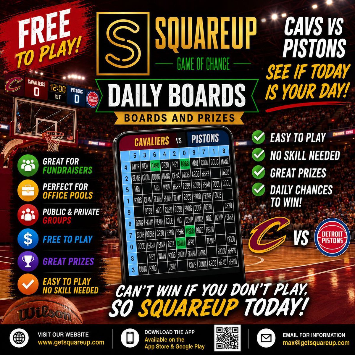 getSquareUp's tweet photo. 🏀 Jump into the action with SquareUp Daily Boards — the FREE and easy way to make every game even more exciting! 

#SquareUp #CavsVsPistons #NBA #DailyBoards #FreeToPlay #GameNight #SportsFans #WinBig #OfficePools #Fundraisers #BasketballFans https://t.co/ggA7wyUnZE
