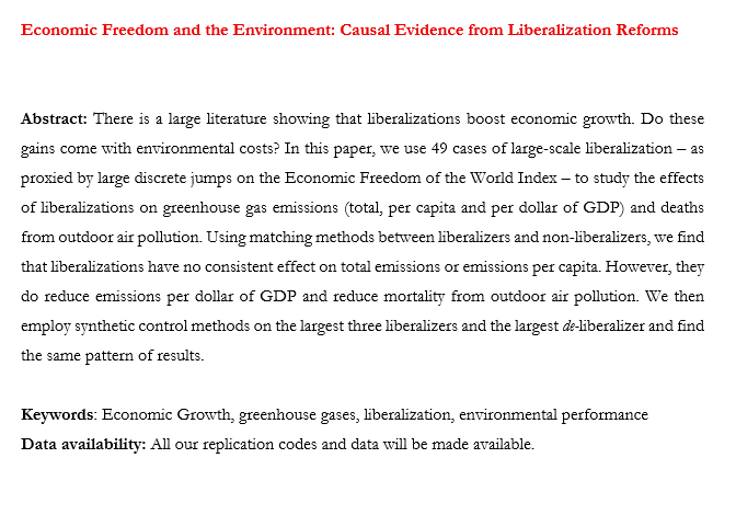 VincentGeloso's tweet photo. Now forthcoming at Structural Change and Economic Dynamics: Big liberalizations boost GDP per capita by 16% over ten years but have no effect on GHG emissions in total, or per capita. In other words, you can get more growth without hurting nature. We also find clear signs that those same liberalizations reduce mortality from air pollution.

The work is coauthored with Justin Callais and Alicia Plemmons. More on this soon.