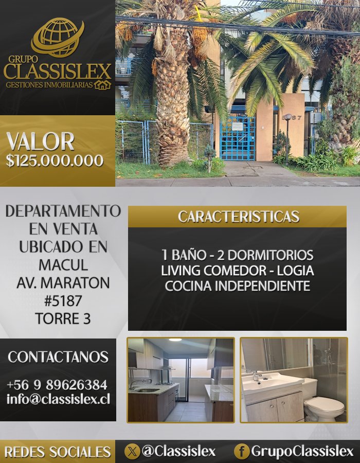 classislex's tweet photo. Vendemos Departamento en Avenida Maraton, Comuna de Macul 
#VentaDepartamento #Macul #InversionInmobiliaria #PropiedadesChile #ClassislexSpA https://t.co/BCyuuy4Yi4