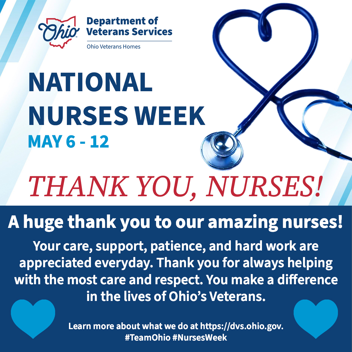 OhioVets's tweet photo. Today is the last day of National Nurses Week. To our amazing nurses, your kindness, empathy and compassionate care brings comfort and healing to Ohio’s Veterans in need. Learn more and apply to become one at https://t.co/m2rOdplw0K.
#NationalNursesWeek https://t.co/tneIdnILVu