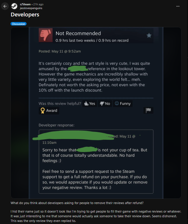 aeterponis's tweet photo. A game with 1M+ wishlists shouldn't have to resort to this. Asking a player to delete their negative review after a refund is just a terrible community management practice.

A bad review is still valid feedback, and bargaining with refunds manipulates the rating.

(They edited their response after getting backlash online ☠️)