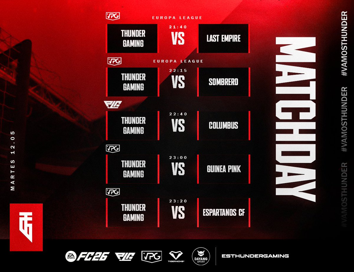 EsThundergaming's tweet photo. 🔥MATCH DAY🔥

Segunda noche!!💪🔥

⏰ 21:40 🆚️ @VPGLastEmpire

⏰ 22:15 🆚 @ Sombrero

⏰ 22:40 🆚 @ Columbus

⏰ 23:00 🆚 @GuineaPinkClub

⏰ 23:20 🆚 @Espartanos_CF

⚡ VAMOS THUNDER 

#VamosThunder https://t.co/k0zMbiPmnY