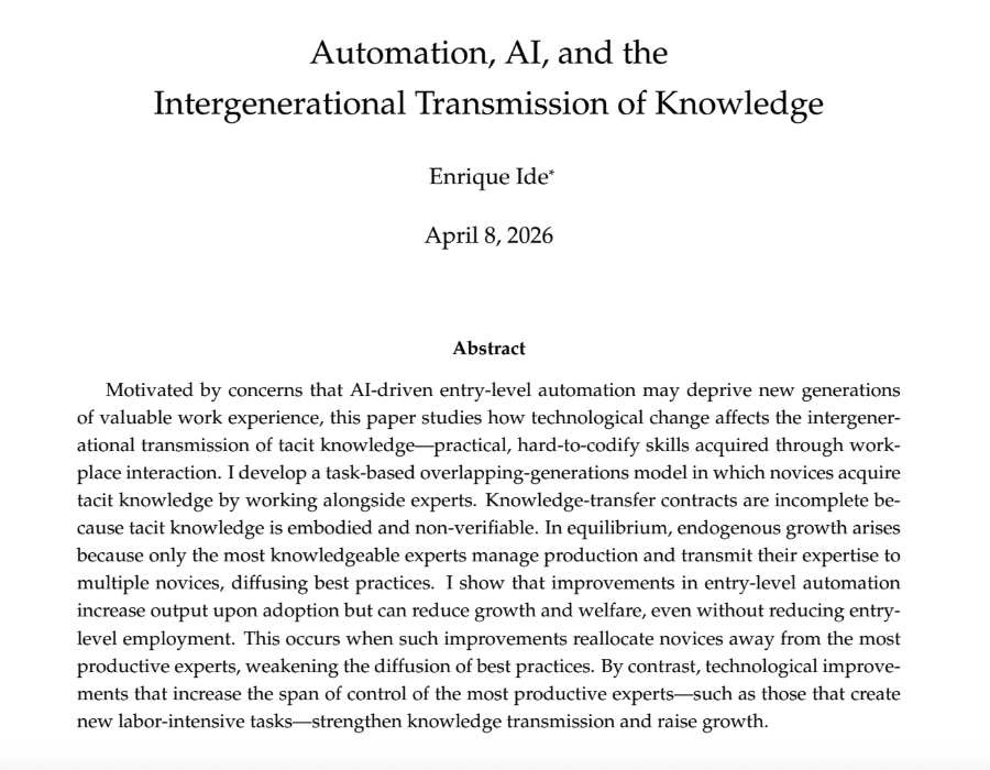 ide_enrique's tweet photo. Hi Ivan, I have a paper showing that improvements in entry-level automation can boost short-term output but slow growth and reduce welfare, even if employment remains unchanged.

Mechanism: they can reallocate novices away from top experts, slowing the diffusion of best practices. The result is not automatic, however, as some improvements create countervailing margins.