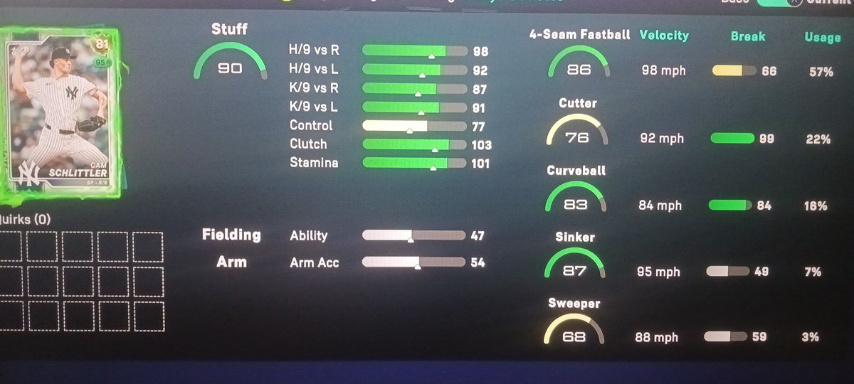 bxtechy52's tweet photo. @ligmballz123 @MLBTheShow @Yankees Are we including SWINGS % misses to that percentage? Trust me, I watch almost every Cam start, and he hits his spots. So raising his control from a 56 to a 77 is hilarious. Should be an 83. When I made that 1st post. His control was at 56 and now I see 77. https://t.co/s81JHx4s9P
