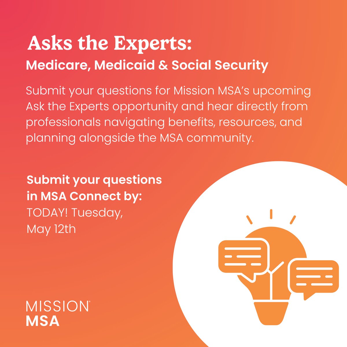 MissionMSA's tweet photo. Final day to submit your questions! Get expert guidance on Medicare, Medicaid, and Social Security benefits tailored to the #MSA community. Don’t miss your chance to ask the Social Security Administration and Patient Advocate Foundation for help.

Submit: https://t.co/kEvyQ9HIlu https://t.co/CxolWd1lWD