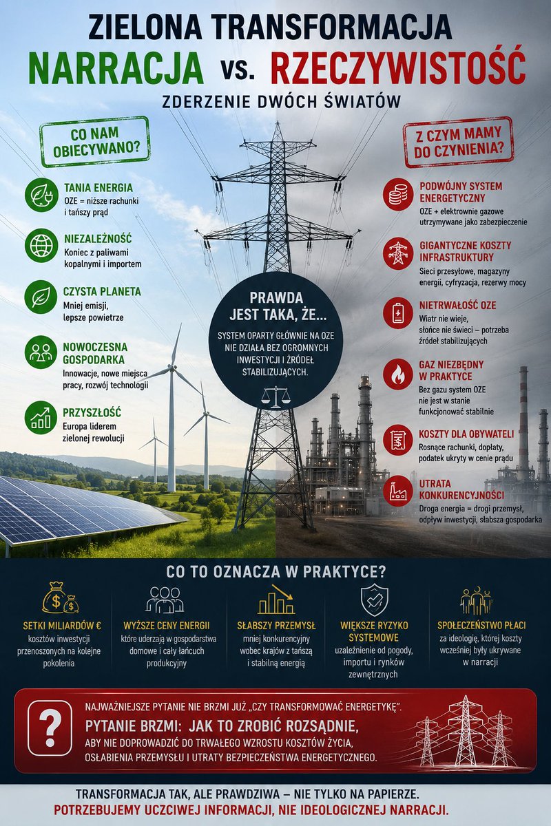 Wbalcerzak87's tweet photo. Przez wiele lat społeczeństwom w Europie przedstawiano Zieloną Transformację jako projekt, który miał doprowadzić do taniej energii, nowoczesnej gospodarki i większej niezależności energetycznej.

Narracja była prosta i bardzo atrakcyjna społecznie. OZE miały stopniowo zastąpić tradycyjną energetykę, obniżyć koszty produkcji energii oraz stworzyć bardziej ekologiczny i stabilny system gospodarczy. Każdy, kto próbował zwracać uwagę na ograniczenia techniczne lub ekonomiczne tego modelu, bardzo często spotykał się z oskarżeniami o działanie przeciwko transformacji albo powielanie „rosyjskiej narracji”.

Dzisiaj jednak coraz częściej pojawiają się oficjalne informacje oraz analizy pokazujące, że rzeczywistość wygląda znacznie bardziej skomplikowanie. Okazuje się bowiem, że system energetyczny oparty głównie na odnawialnych źródłach energii wymaga ogromnych inwestycji, które będą kosztować gospodarki europejskie setki miliardów euro. Co ważne, problem nie dotyczy wyłącznie budowy farm wiatrowych czy instalacji fotowoltaicznych.

Największe koszty pojawiają się w całym zapleczu infrastrukturalnym, bez którego taki system nie jest w stanie działać stabilnie.

Energetyka nie opiera się bowiem na hasłach politycznych ani na ideologii. Energetyka opiera się na prawach fizyki oraz ciągłości dostaw energii.

Prąd musi być dostępny dokładnie wtedy, kiedy potrzebują go gospodarstwa domowe, przemysł, transport oraz cała gospodarka. Tymczasem energia produkowana przez wiatr i słońce jest uzależniona od warunków atmosferycznych. W praktyce oznacza to, że gdy nie ma wiatru albo występuje wielodniowe zachmurzenie, system musi posiadać inne źródła energii, które natychmiast przejmą produkcję.

I właśnie tutaj pojawia się kwestia, o której przez długi czas mówiono znacznie mniej, czyli gaz. Coraz więcej ekspertów w końcu mówi o tym już  otwarcie, że bez elektrowni gazowych system oparty na OZE nie jest w stanie funkcjonować stabilnie.

Oznacza to, że wiele państw europejskich buduje równocześnie dwa systemy energetyczne.

Z jednej strony powstają kosztowne instalacje odnawialnych źródeł energii, a z drugiej strony utrzymywane są elektrownie gazowe jako zabezpieczenie dla całego systemu.

To prowadzi do sytuacji, w której społeczeństwo ponosi koszty podwójnej infrastruktury energetycznej.

Do tego dochodzą kolejne wydatki związane z rozbudową sieci przesyłowych, magazynowaniem energii, cyfryzacją systemów energetycznych, utrzymywaniem rezerw mocy oraz stabilizowaniem rynku energii.

W praktyce oznacza to jedną z największych i najdroższych przebudów infrastrukturalnych w historii współczesnej Europy.

Dopiero teraz coraz więcej obywateli zaczyna zauważać, że Zielona Transformacja nie oznacza automatycznie taniej energii.

Wręcz przeciwnie w wielu krajach rachunki za energię rosną, a przemysł zaczyna tracić konkurencyjność wobec państw posiadających tańsze i bardziej stabilne źródła energii.

Szczególnie widoczne staje się to w sytuacji, gdy europejskie gospodarki muszą konkurować z krajami opierającymi swoją energetykę na atomie, własnych surowcach lub znacznie niższych kosztach produkcji.

Najważniejsze jest jednak to, że coraz bardziej zmienia się sama debata publiczna. Jeszcze kilka lat temu dyskusja sprowadzała się głównie do pytania, czy należy przeprowadzać transformację energetyczną. Dzisiaj coraz częściej pojawia się zupełnie inne pytanie.

Chodzi o to, w jaki sposób przeprowadzić transformację, aby nie doprowadzić do trwałego wzrostu kosztów życia, osłabienia przemysłu oraz utraty konkurencyjności gospodarczej.

Coraz wyraźniej widać więc, że Zielona Transformacja nie jest prostym projektem taniej energii, ale ogromnym procesem przebudowy całego systemu gospodarczego a tym bardziej projektem opartym o Finansalizacje życia czy całych  Gospodarek  .