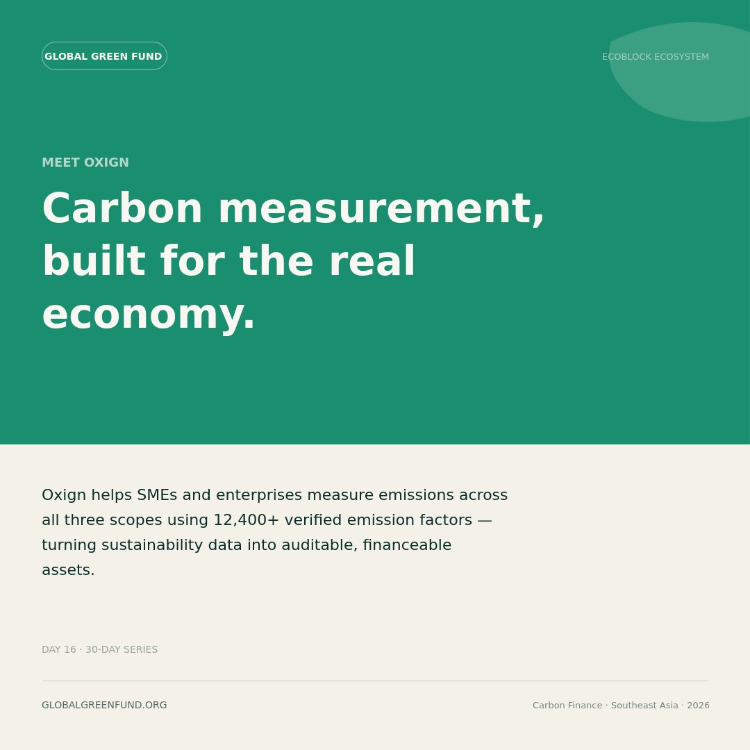 GGFCapital's tweet photo. Meet Oxign — carbon measurement built for the real economy.

12,400+ emission factors
190+ countries
Scope 1, 2 and 3 coverage
Auditable, certified reports

Built for the 90% of enterprises that are SMEs.

https://t.co/5lnR0XZIqp

#CarbonAccounting https://t.co/psRnn2kEqJ