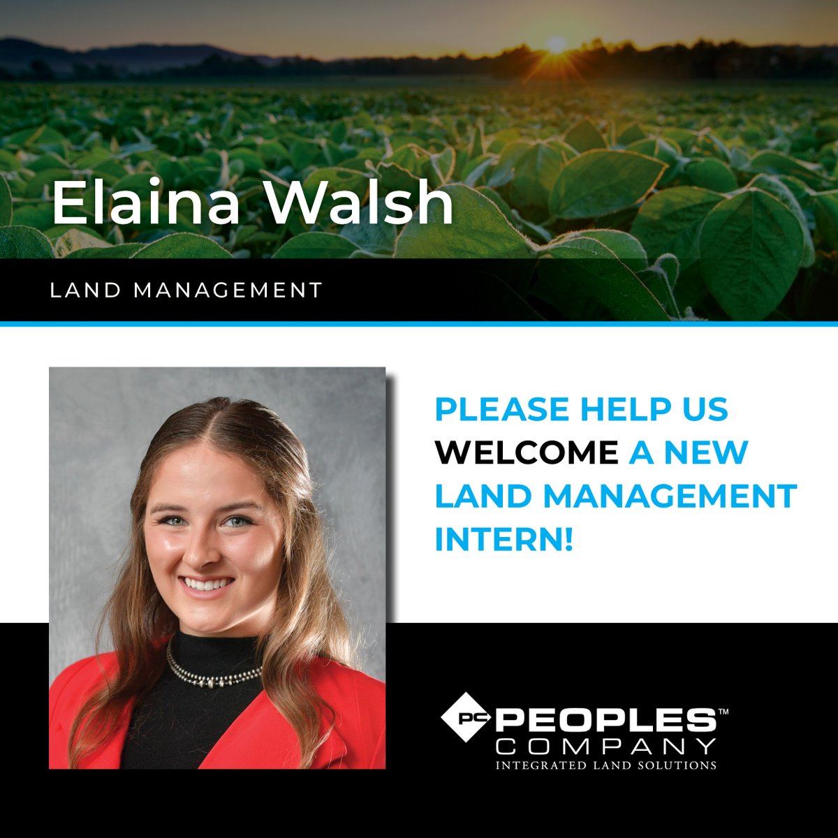 PeoplesCompany's tweet photo. Please help us welcome a new summer intern to the Land Management team, Elaina Walsh!

"Hello, I am Elaina Walsh and I’m from Jerseyville, Illinois. I am currently studying Agribusiness with a minor in financial planning at Illinois State University. I am an Ag Ambassador for the Department of Agriculture at Illinois State University, as well as a member of Tri Sigma Sorority, Order of Omega, Hoof ‘n’ Horn, and Collegiate Farm Bureau. I also served as the Illinois Hereford Queen for two years!"