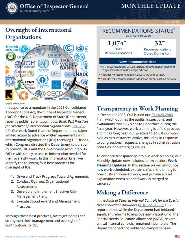StateOIG's tweet photo. State OIG's latest Monthly Update is now available! Learn more about work completed in April 2026: https://t.co/LxZ4JlRFfC https://t.co/TIcYa23GrH