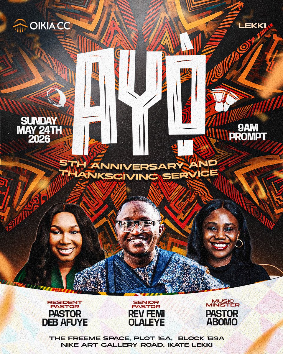 OikiaCCLekki's tweet photo. THE SOUND THIS YEAR IS AYO! 🔥

AYO.
Loud joy.
Wild thanksgiving.
Unrestrained praise for 5 years of God’s faithfulness. 🥁✨

For 5 years, God has kept us, built us, carried us, transformed lives, answered prayers, and shown Himself strong at Oikia CC Lekki and we’re gathering. https://t.co/N8t4YP0h60