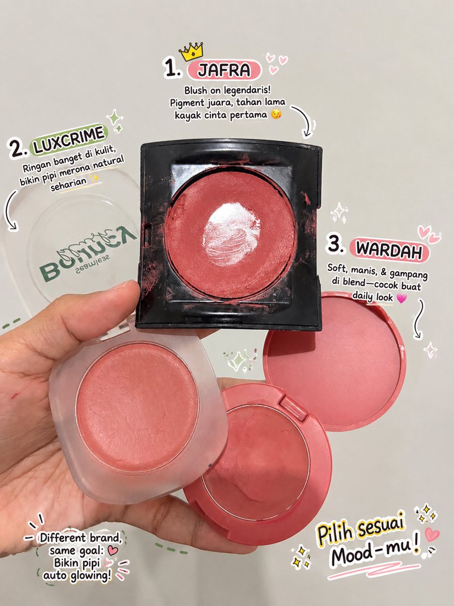 tslsk's tweet photo. semuanya blush kecintaanku tp keliatan lah yaa mana yang paling sering dipake 😭🫶🏻

1. Jafra creme blush on - mauve https://t.co/gk37PA9eIm
2. Luxcrime bouncy - violet berry https://t.co/9DHagudYK6
3. Wardah colorfit - merry mauve https://t.co/A0NHSKcZSt https://t.co/2yjiFyJNPg