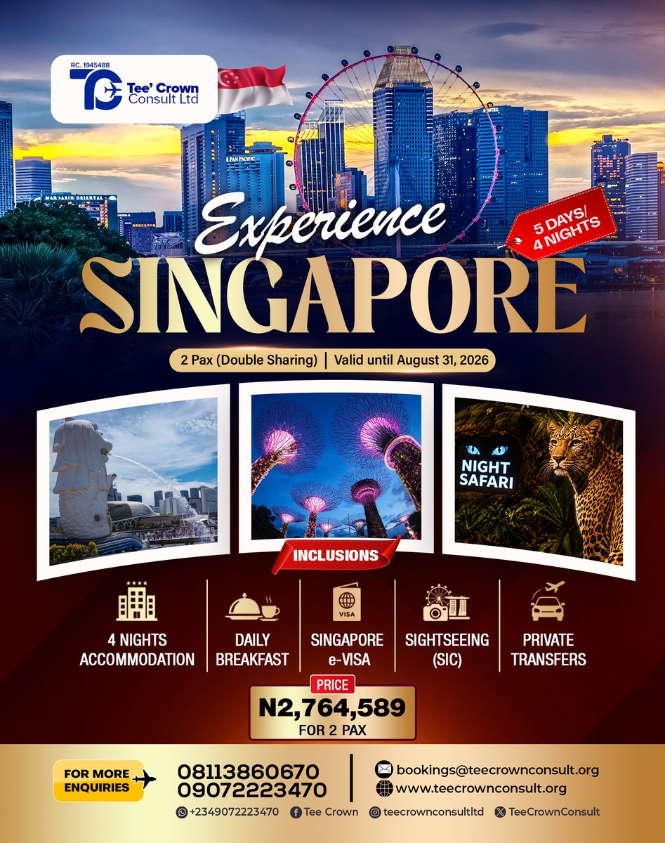 TeeCrownConsult's tweet photo. A trip to Singapore from Nigeria https://t.co/qjlrWYK9UZ 
#SingaporeTravel #VisaAssistance #TravelConsultant #InternationalTravel https://t.co/wcNVqzxw4A
