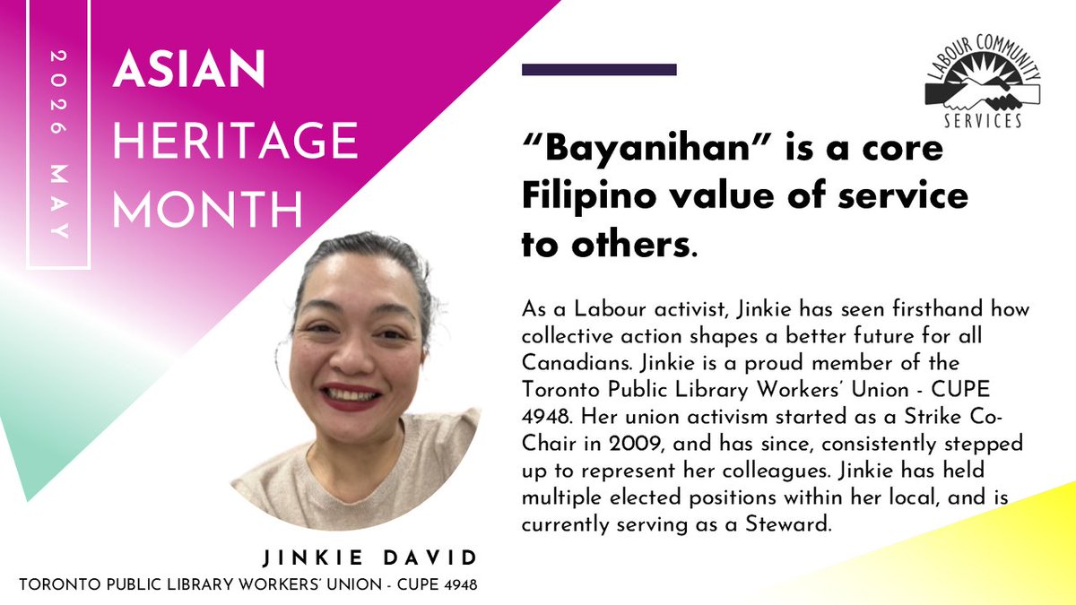 Labour_CS's tweet photo. May is Asian Heritage Month. Jinkie David is a member of @Local4948, activist and mother of two, whose Filipino culture and values helped shape her labour actions and community involvement. (1 of 2) https://t.co/OQUMAKAZ8b
