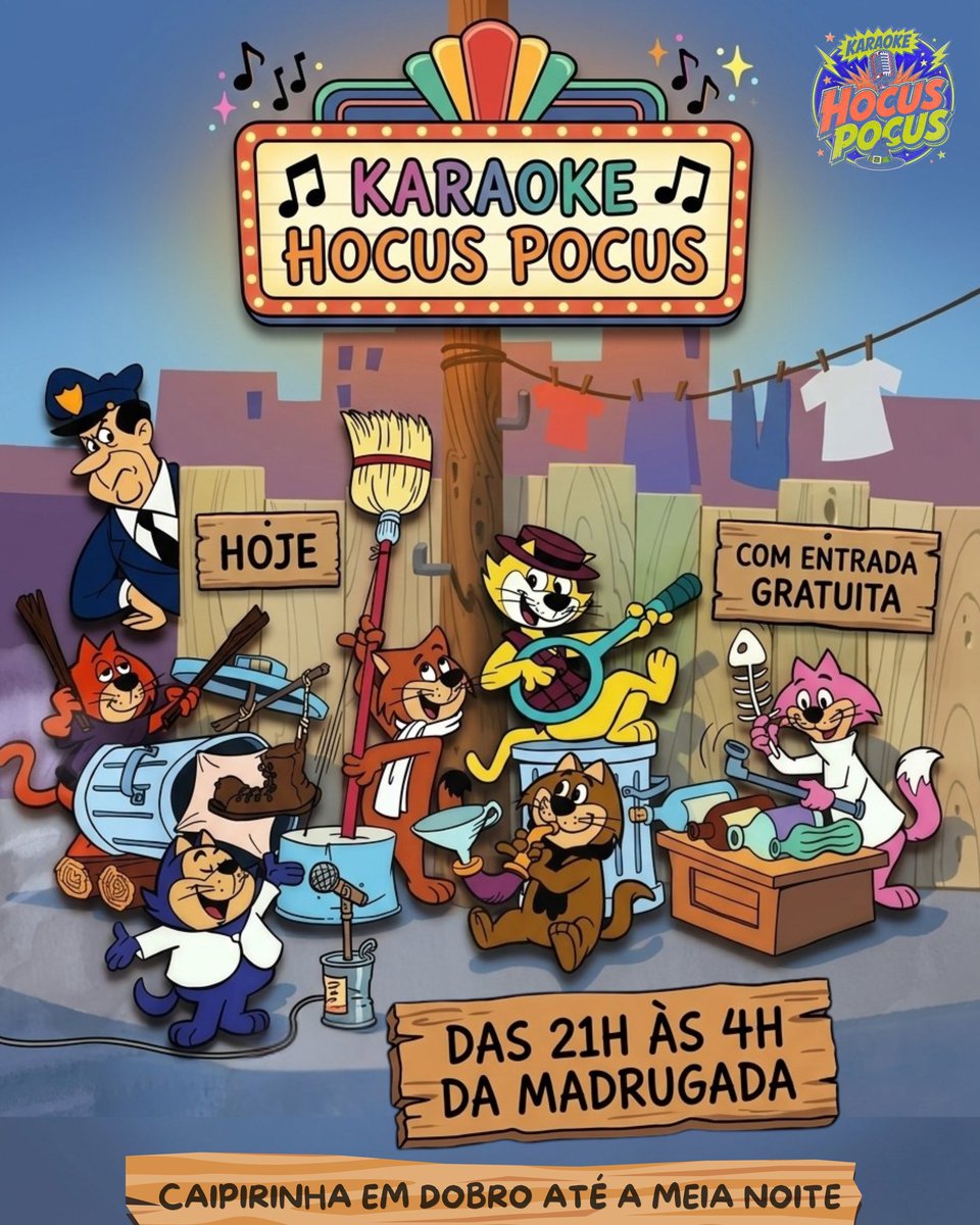 hocuspocus_sjc's tweet photo. Hoje tem Karaoke Hocus com entrada GRATUITA a partir das 21h.

E não esqueça que até a meia noite tem promoção de caipirinha em dobro, então chegue cedo e encha o tanque ⛽.

*Manda-Chuva (Top Cat) - 1961- Estúdios Hanna-Barbera 

#VemProHocus #KaraokeHocus #Hoje https://t.co/5hbC4T9JCw