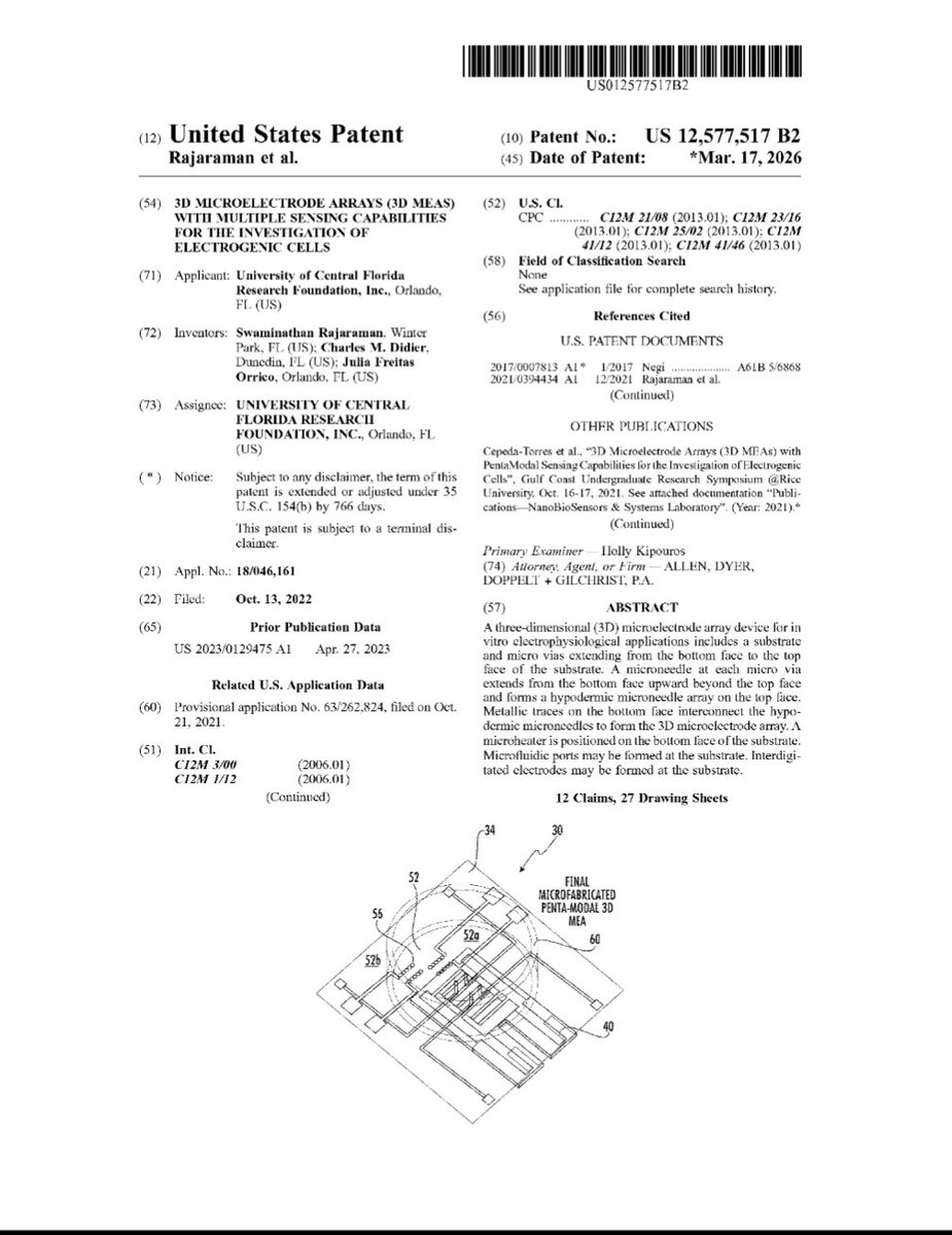 Lambda_Sector's tweet photo. We are pleased to have aided our client in securing issuance of U.S. Patent No. 12,577,517.  This patent relates to a microelectrode array.  Congratulations to the inventors (Swaminathan Rajaraman, Ph.D., Charles Didier, Ph.D., & Julia Orrico), and the team University of Central Florida. #ip #invention #patents #patenttuesday #innovation #technology #patentattorney