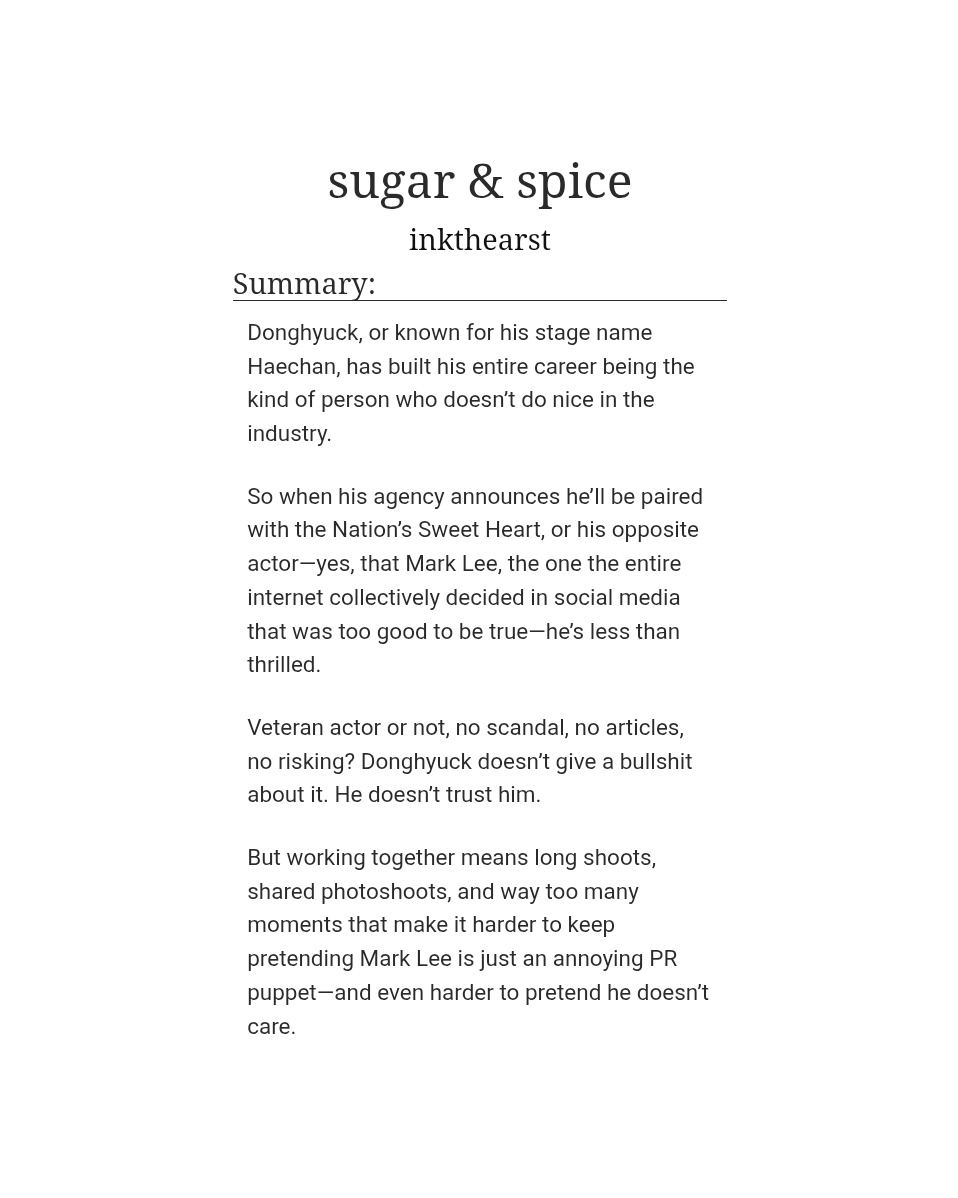 inkthearst's tweet photo. [ a markhyuck / mahae filo au ]

two veteran actors in the same field — but exact opposite. one’s sweet like sugar, and one’s too spicy to handle. https://t.co/O1IMp3aXzq