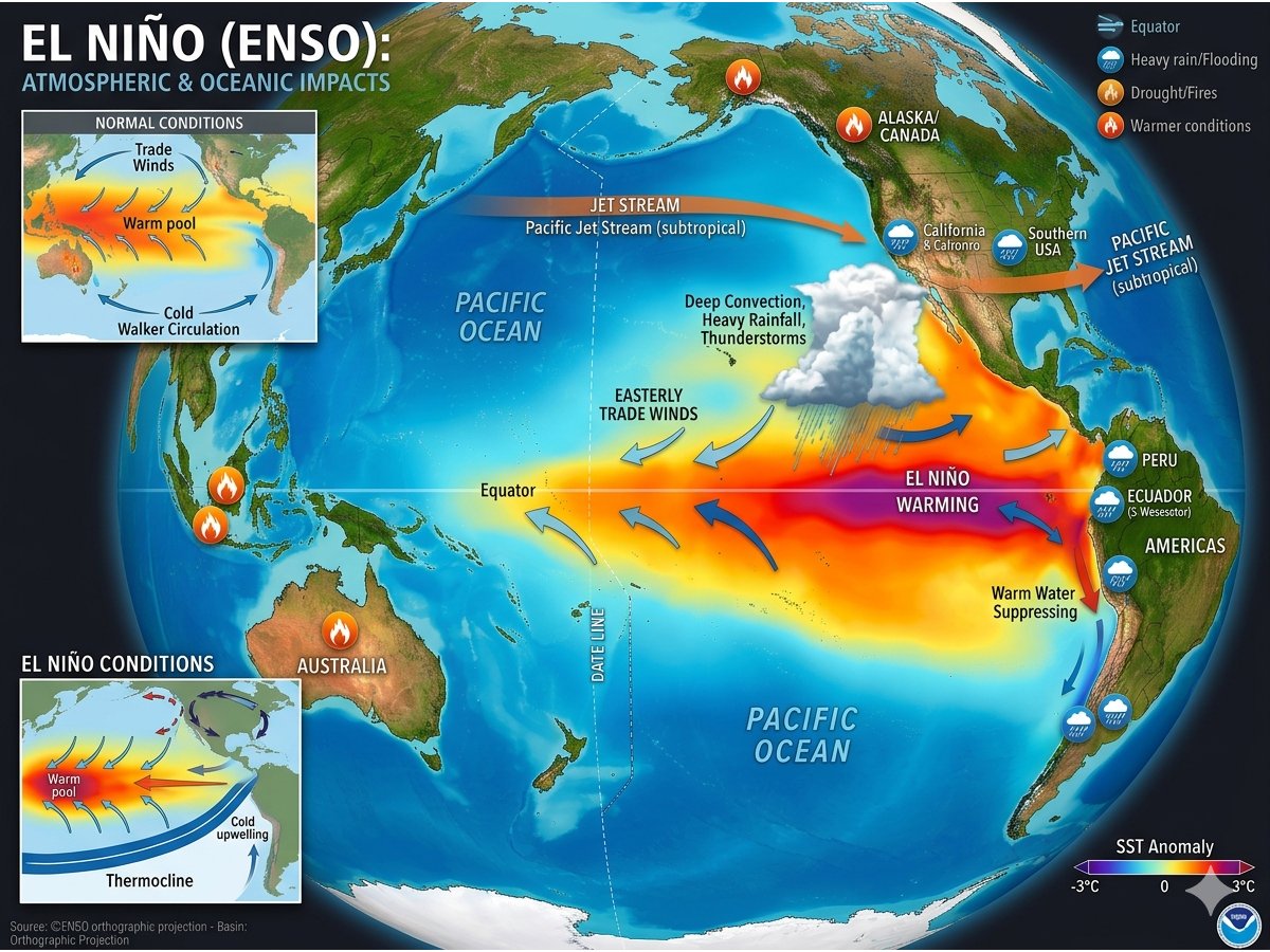 weathergeek34's tweet photo. 🌊  SÜPER EL NİÑO GELİYOR !
Atmosfer dolaşımının tropikal Pasifik kaynaklı en büyük doğal salınımı olan ENSO'nun "Süper" eşiği, Niño 3.4 bölgesinde +2.0°C ve üzeri yüzey suyu sıcaklık anomalisi ile tanımlanır. 1950 sonrası kayıtlarda bu eşiği aşan dört kanonik olay vardır: 1972/73, 1982/83, 1997/98 ve 2015/16. 2023/24 olayı zirvede +2.0°C sınırına oturarak sınırda bir Süper El Niño olarak kayıtlara geçmiştir.

Bu olayların ortak özelliği, tropikal konveksiyonun doğu Pasifik'e kayması, subtropikal jet akımının (STJ) belirgin biçimde güçlenmesi ve Rossby dalga treninin Akdeniz havzasına ulaşan bir teleconnection imzası üretmesidir. 1997/98 olayında Niño 3.4 zirvesi +2.4°C'ye, 2015/16'da +2.6°C'ye ulaşmış; her iki olayda da Doğu Akdeniz sonbaharı belirgin biçimde yağışlı, kış mevsimi ise Aralık'ta NAO+ baskınlığında ılık başlayıp Şubat'ta NAO-/AO- geçişiyle Sibirya Yüksek Basıncı'nın güçlenmesi sonucu sert soğuk dalgalarıyla noktalanmıştır.

Mayıs 2026 itibariyle ECMWF SEAS5, NOAA CFSv2, BOM ve JMA ensemble medyanları 2026/27 olayının zirve Niño 3.4 değerini +2.5 ila +3.0°C aralığında öngörmektedir. Yüzeyaltı 100–150 m derinlikteki ısı içeriği anomalisi +5°C seviyesinde olup 2015 ve 1997 koşullarıyla karşılaştırılabilir, hatta 2023'ten daha yüksektir. Niño 1+2 bölgesinin (+1.8°C) Niño 4'e (+0.9°C) belirgin üstünlüğü, klasik Eastern Pacific (EP) tipi bir Süper El Niño imzasının gelişmekte olduğunu gösterir — bu, Doğu Akdeniz teleconnection sinyalinin Central Pacific (CP/Modoki) tipine kıyasla çok daha güçlü olacağı anlamına gelir.