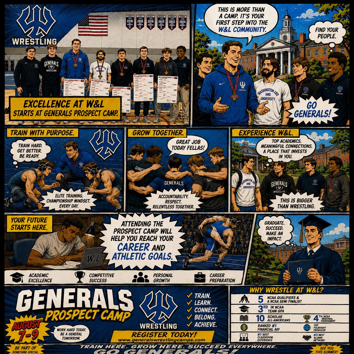 GeneralsWrestle's tweet photo. Registrations are filling up! 

The best way to experience our community is attending our Prospect camp. Our team, alumni, family, and friends of W&amp;L wrestling are excited to welcome the 2026 attendees!

Early Registration ends June 1:
https://t.co/gmBItjU3d0 https://t.co/kh6igPghe8