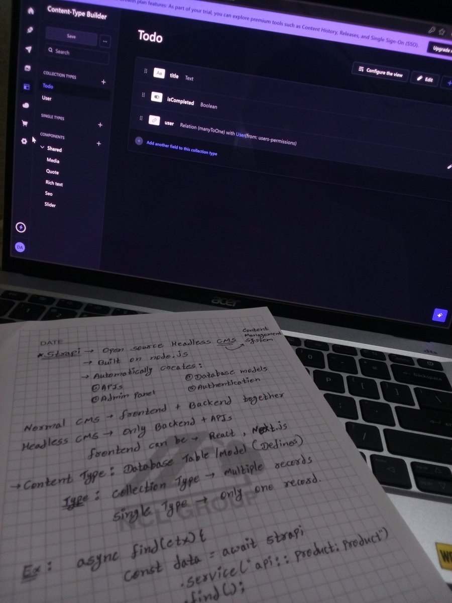 ItsDilip's tweet photo. Explored Strapi today ⚡

Got a startup assignment to build a Todo app with auth using Next.js + Strapi.

Learned: 🧩 Headless CMS basics
🔐 Auth &amp; APIs
🗂️ Collection types / models

Exploring new stacks while building real projects 🚀

#buildinpublic #nextjs #strapi #fullstack https://t.co/0toQ8J28lr