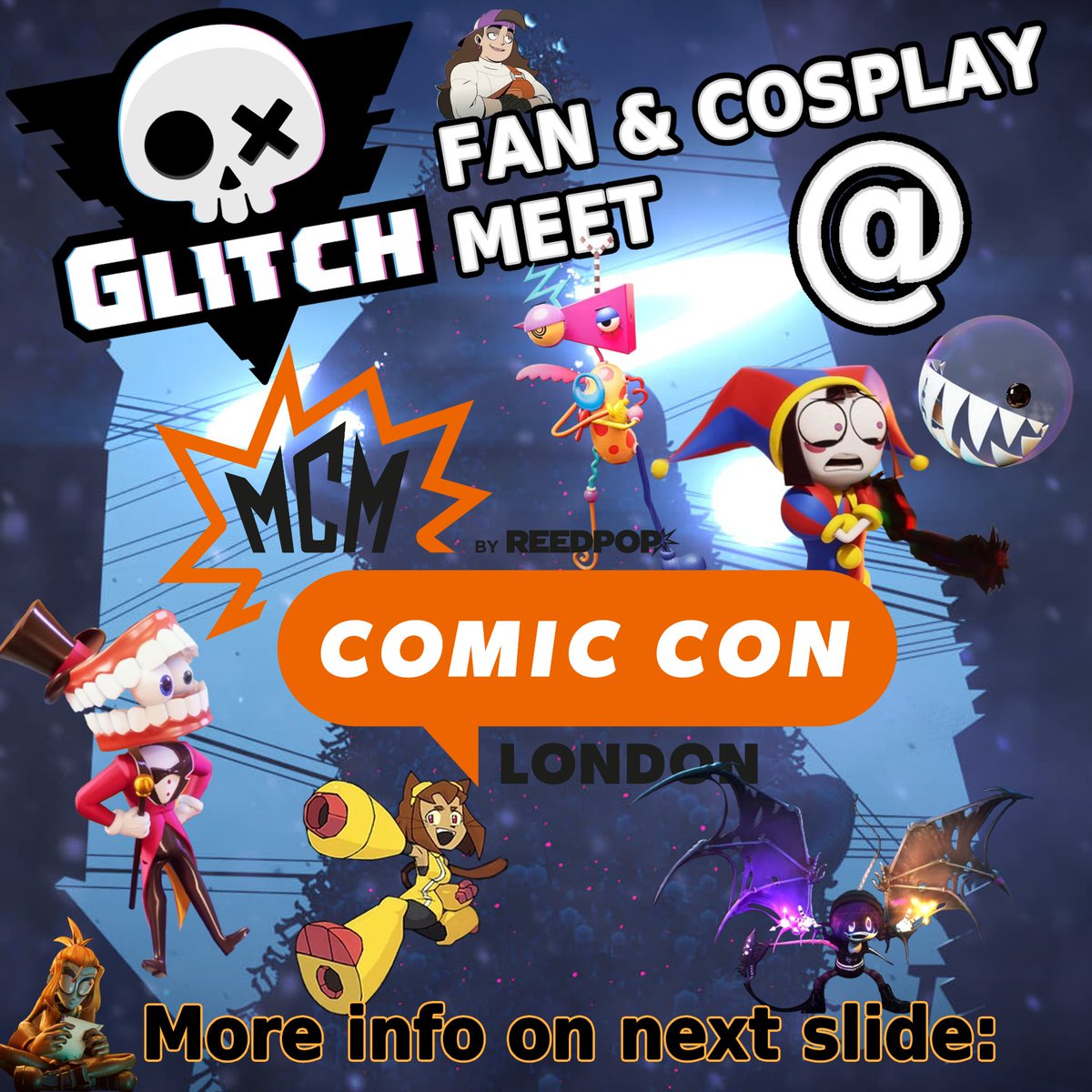 AlwaysAlexYT's tweet photo. Are you going to MCM London? I'll be helping host a glitch fan/cosplay meet on Friday &amp; Saturday!! So if you love glitch shows of any sort, feel free to come by! It'll be at 2pm, on green by Novotel

(weather dependent, location subject to change so join discord below) https://t.co/9hi4WY9PMU