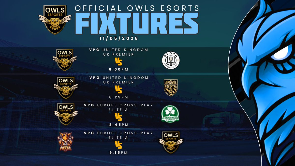 OWLSEsportsX's tweet photo. 🦉⚽️ FIXTURES & STARTING XI ⚽️🦉

It’s Tuesday, and that means it’s @OfficialVPG  time. Here are the Day 5 fixtures and tonight’s team sheet.

#WAWAW #OWLSEsports @proclubs_weekly 

@Jarvo_07 
@daveswfc100 
@Swifty2766 
@Arniesilverback 
@MADDERZ_7 
@kody_macdonald 
@weenwrld 
@vJarooo 
@hDreeew 
@BozSzn07 
@_Loze