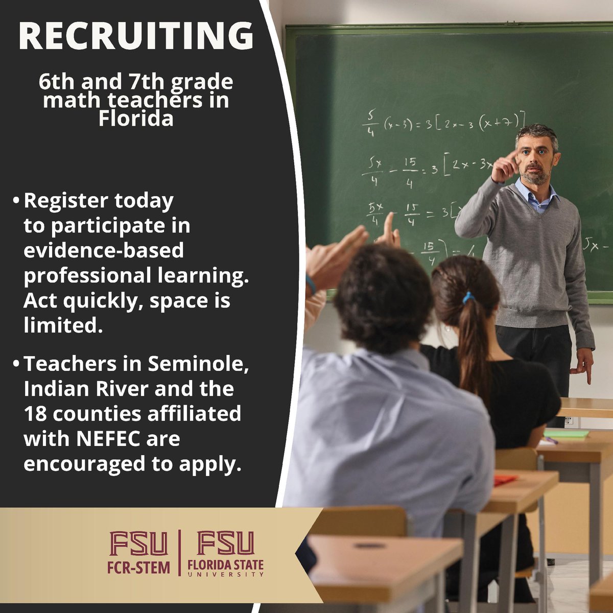 FCRStem's tweet photo. 🚨Florida Math Teachers🚨
We're looking for  6th or 7th-grade Florida math teachers for an evidence-based professional learning opportunity. If you teach in Seminole, Indian River or 1 of the 18 counties affiliated with NEFEC, we encourage you to apply. ✍️ https://t.co/loCjKtaH23 https://t.co/weSe3Wk7i9