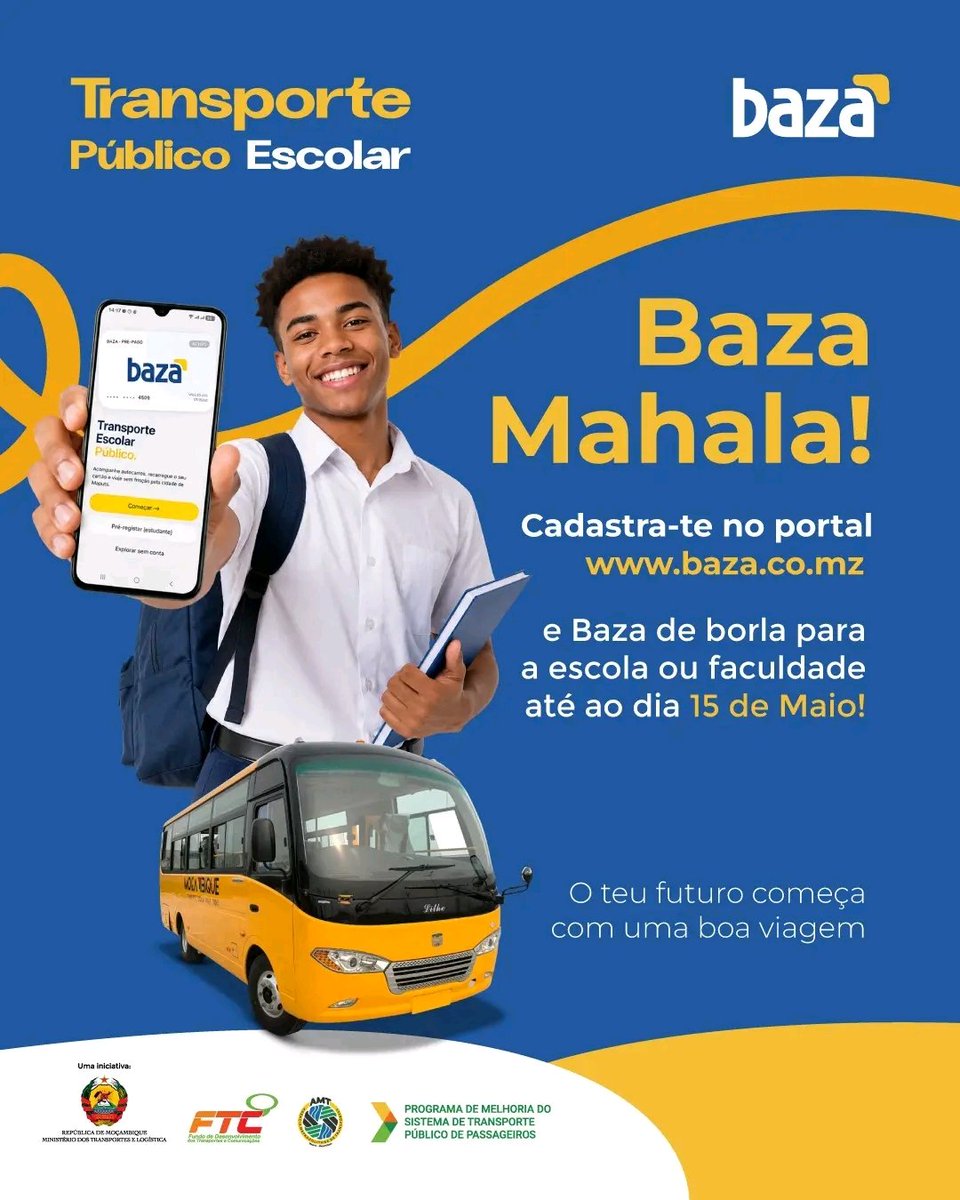 MachavaMar78568's tweet photo. Transporte Público Escolar
Baza Mahala!

Cadastra-te no portal  https://t.co/3X4JebnnDq e Baza de borla pra escola ou faculdade até ao dia 15 de Maio!

Rotas
Albazine - Baixa, 
Missão Roque - Museu, 
Matola Gare - Baixa, 
Casa Branca - UEM, 
Casa Branca - Museu, 
Tchumene - Baixa https://t.co/kuwmYg9hpM