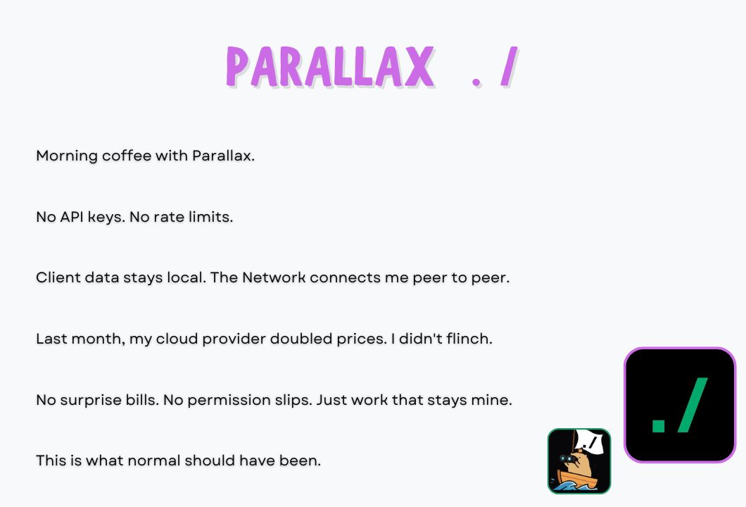 OstoneQ8's tweet photo. Morning Coffee, Local Models   💜

Wake up. Open laptop. Parallax already running. No API keys to copy. No "your plan resets in 12 days." Just GLM-4 ready to help with emails, drafts, research all on my machine.

My data never left my room. My prompts trained nothing but my own work.

This isn't convenience. It's peace.

A

THREAD 

( Like & Repost for Others ) 

🧵/  4