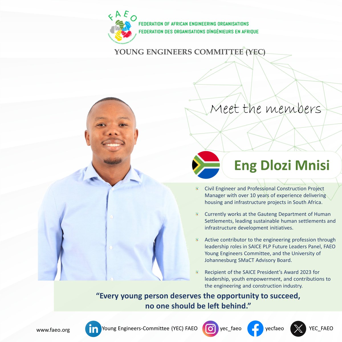 YEC_FAEO's tweet photo. 🌍 Meet the Members of FAEO YEC

Eng. Dlozi Mnisi is a Civil Engineering professional and Professional Construction Project Manager with over a decade of experience in planning, managing, and implementing housing and infrastructure projects in the built environment.

#africa https://t.co/9rKyUbTRLF