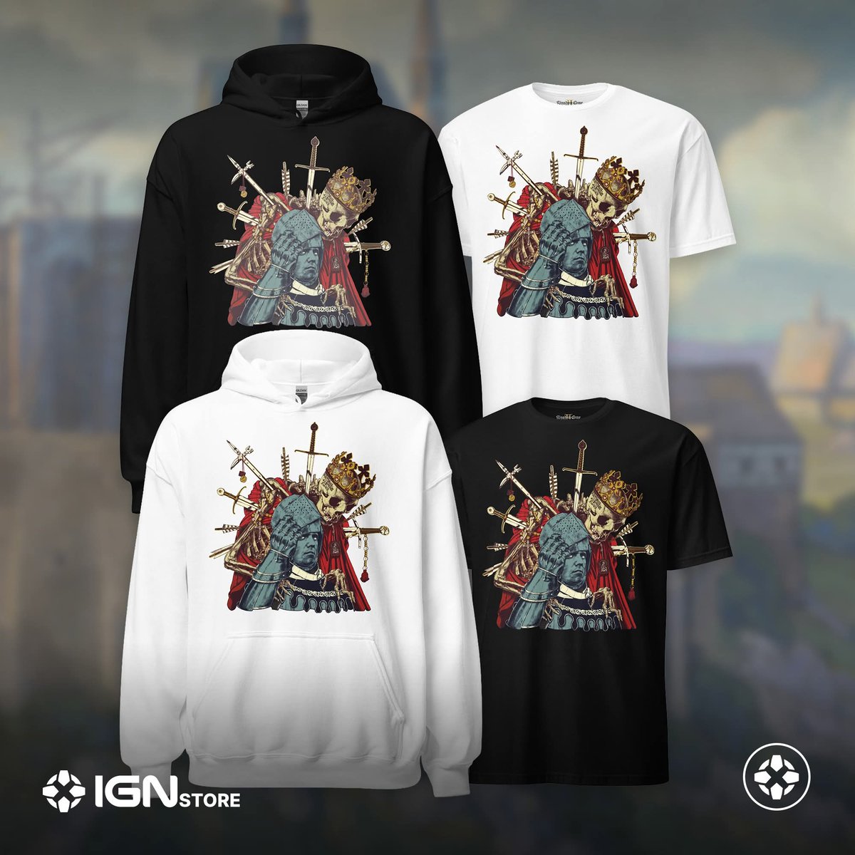 KingdomComeRPG's tweet photo. We’re delighted with this. 
After working with the artist Boneface, on the Royal Edition trailer, we’ve teamed up again for some pretty sweet looking apparel.

Check out the collection on the IGN store. Available now. https://t.co/zaZjuLc8so