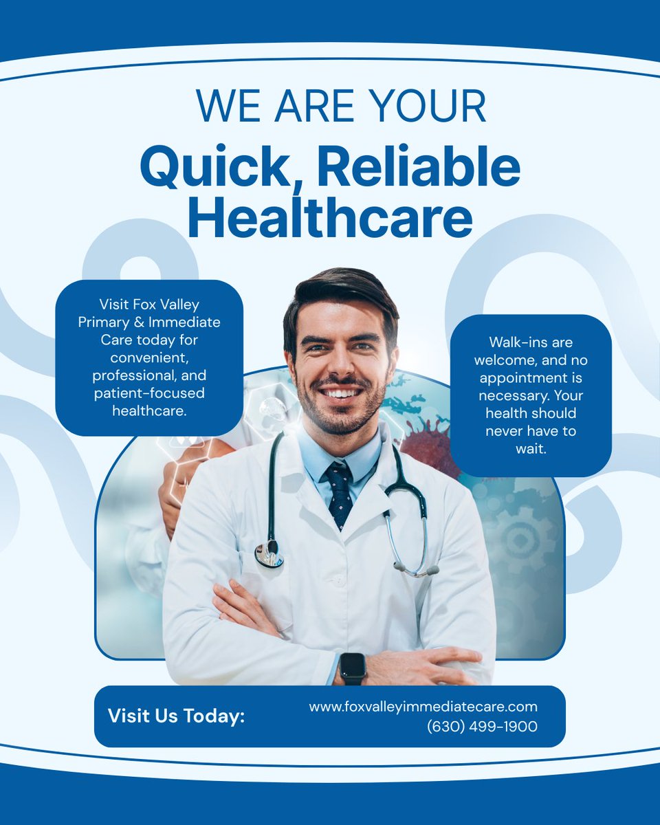 foxvalley_ic's tweet photo. Need quick and reliable healthcare? Fox Valley Primary &amp; Immediate Care offers urgent care, primary care, family practice, and walk-in services — no appointment necessary.

Your health matters. Visit us today.

#UrgentCare #PrimaryCare #WalkInClinic https://t.co/OpoRLFZiBc