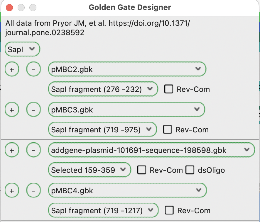 ApEplasmid's tweet photo. @ATinyGreenCell @PeterCiaccia If you need to design a piece as a PCR product, you can use the Designer interface. You add each fragment that you already have, then use a selected region as the template for the other piece(s). https://t.co/XFoAa6V5nh