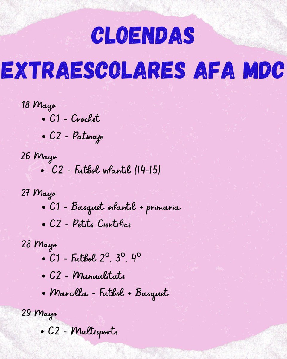 AfaMdc's tweet photo. Famílies Arriben les cloendes de les extraescolars! 🎉
En breu compartirem la data de Cloenda de extraescolars que falten.
Si alguna família vol col·laborar o ajudar en les cloendes podeu contactar amb nosaltres per email, Instagram, móvil, X !! Gràcies ❤️ #extraescolars #afamdc https://t.co/g8yIAQJMl1