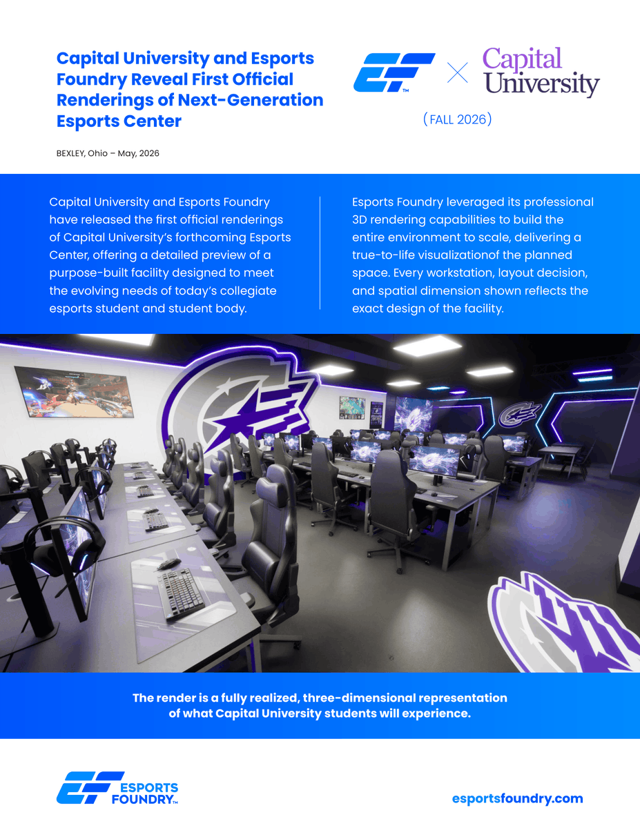 esports_foundry's tweet photo. @Capital_U  and Esports Foundry Reveal First Official Renderings of Esports Center. These concept renderings are built to scale in 3D and representing the current design direction. 

"These renderings reflect the intentional, collaborative work behind this project from day one. Capital University has made it clear from the onset of the project their commitment to building something meaningful." Keven Barrera, CEO, Esports Foundry

Be on the look for more updates as Capital University Esports prepares to launch officially in FALL 2026!