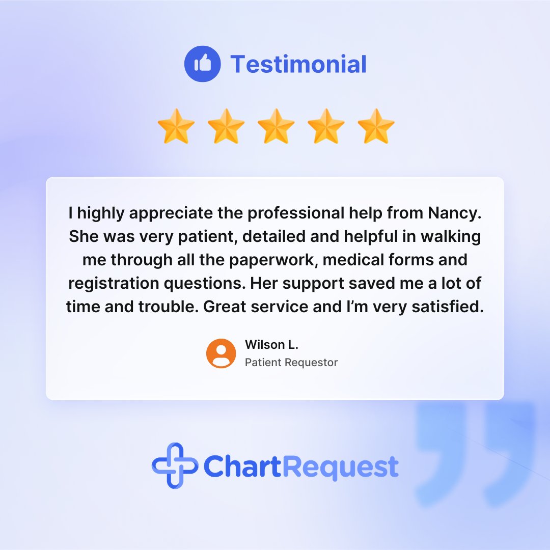 ChartRequest's tweet photo. No one wants paperwork to become the hardest part of getting medical records.

This is the kind of ChartRequest experience that makes a complicated process easier to navigate.

#PatientExperience #HealthcareOperations #PatientAccess #MedicalRecords https://t.co/yHjWsHfAA1