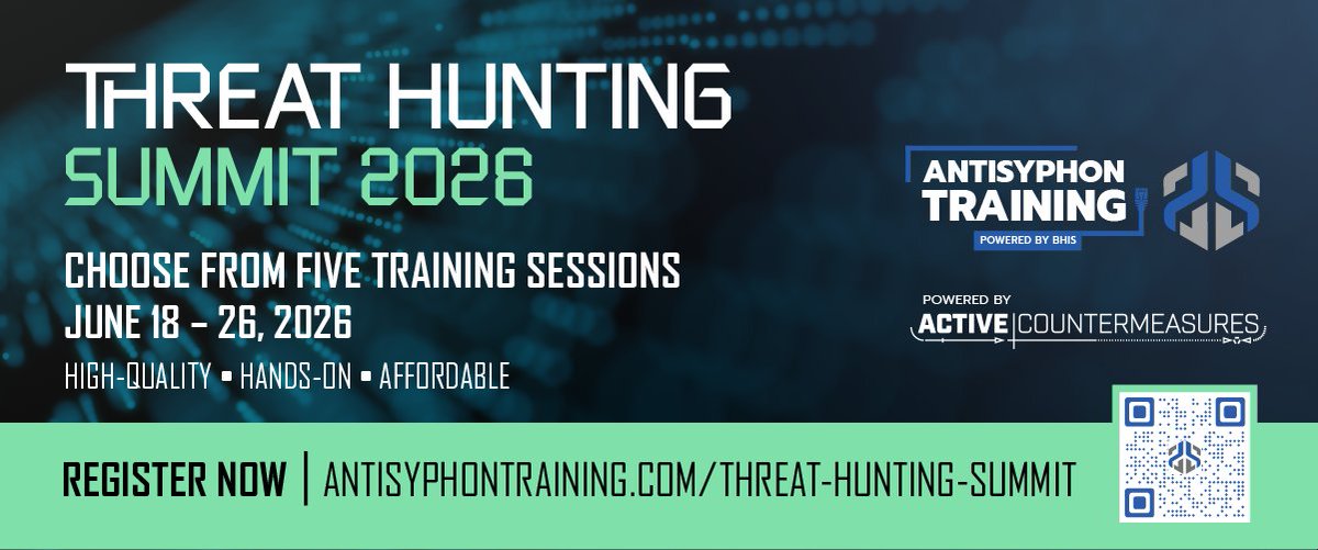 BHinfoSecurity's tweet photo. Hey folks! 

Let's look at what's happening with @Antisy_Training  and Black Hills Information Security! 

Anti-Cast:
The next Anti-Cast is on How to Build a Bulletproof Pretext w/ Alethe Denis!

Wed, May 13, 2026 12:00 PM EDT 
 
 Register: https://t.co/hKrCiAGyEo

 Join Alethe Denis, DEF CON Black Badge-winning social engineer and Senior Security Consultant II at Bishop Fox, as she breaks down how to build pretexts that hold up under real-world pressure in physical red team engagements.

BHIS: 
The next BHIS webcast is on Intro to Web Hacking with Caido with Jack Hyland!

Thu, May 14, 2026 1:00 PM EDT

Register: https://t.co/Pq5EA32jh6

Join us for a one hour, hands-on webcast about Caido, a modern HTTP proxy written in Rust that's quickly becoming a serious alternative to Burp Suite.

P.S. The FREE Threat Hunting Summit from Antisyphon Training is on June 17th, with live training from June 18-26. Use code THSUMMIT2026 for 20% off!
https://t.co/r2K451fPLp
