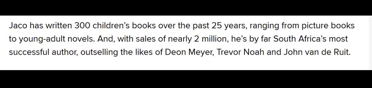 UrbanLo's tweet photo. The quiet South African writer who has outsold authors such as Deon Meyer, Trevor Noah and John v.d. Ruit.
Sterkte, Jaco!
https://t.co/1BHLBf2KmQ… https://t.co/c2cZkWMtqA