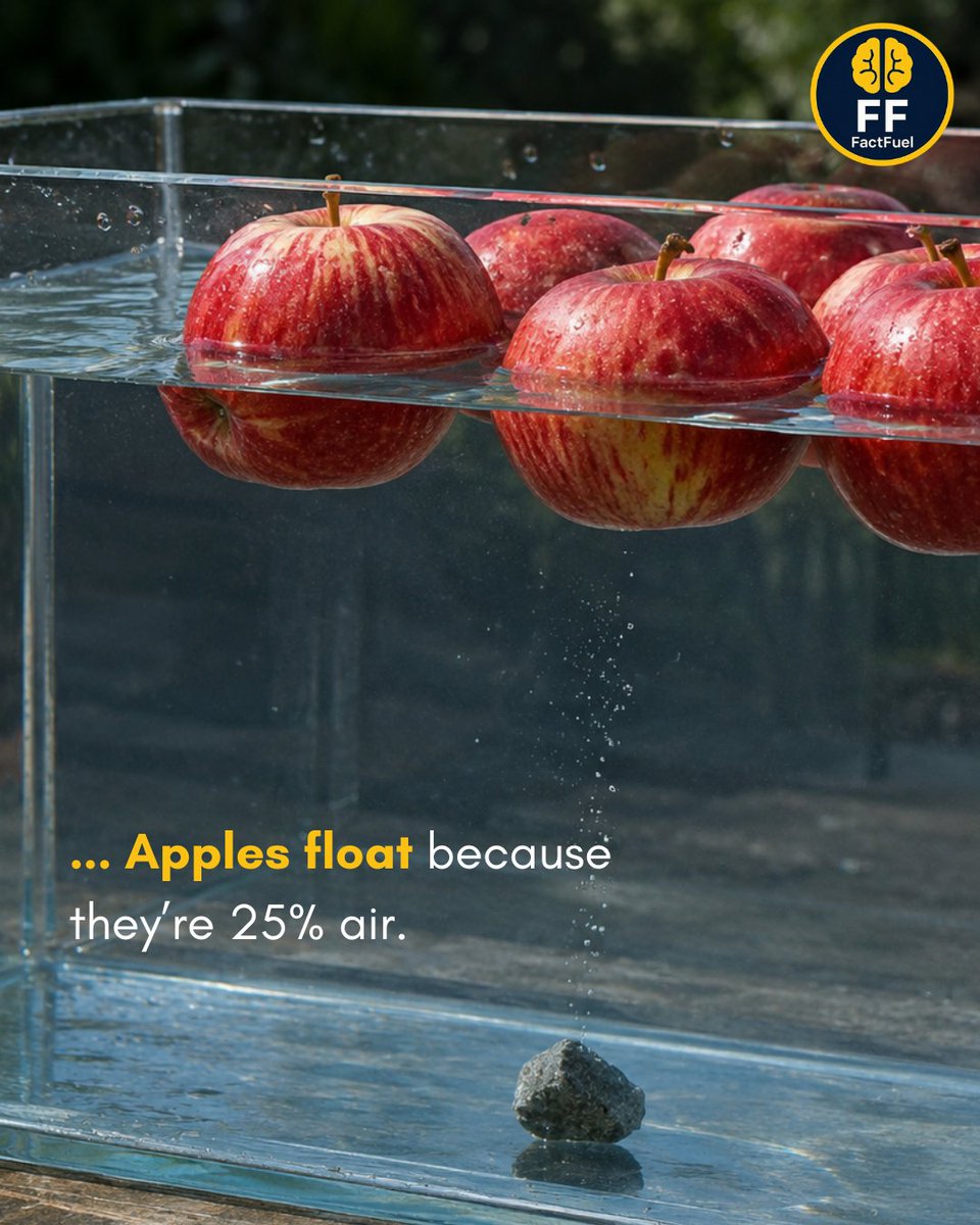 FactFuelGlobal's tweet photo. Apples float because roughly 25% of their volume is air, which makes them less dense than water. 

That’s why they stay on the surface while heavier, denser objects sink.

#ScienceFact https://t.co/al5NtXiYoP