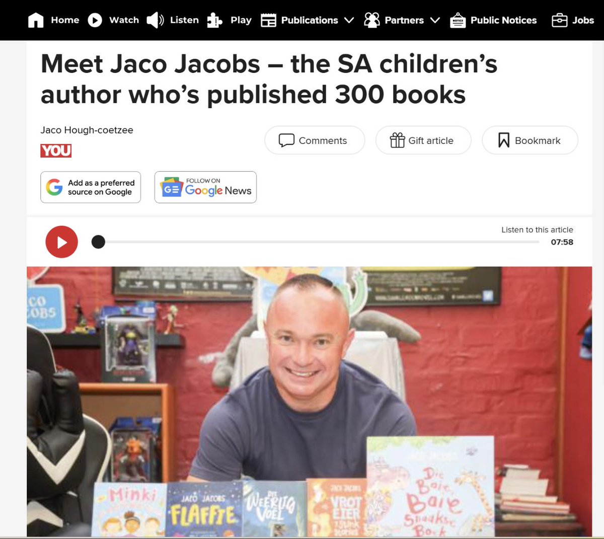 UrbanLo's tweet photo. The quiet South African writer who has outsold authors such as Deon Meyer, Trevor Noah and John v.d. Ruit.
Sterkte, Jaco!
https://t.co/1BHLBf2KmQ… https://t.co/c2cZkWMtqA