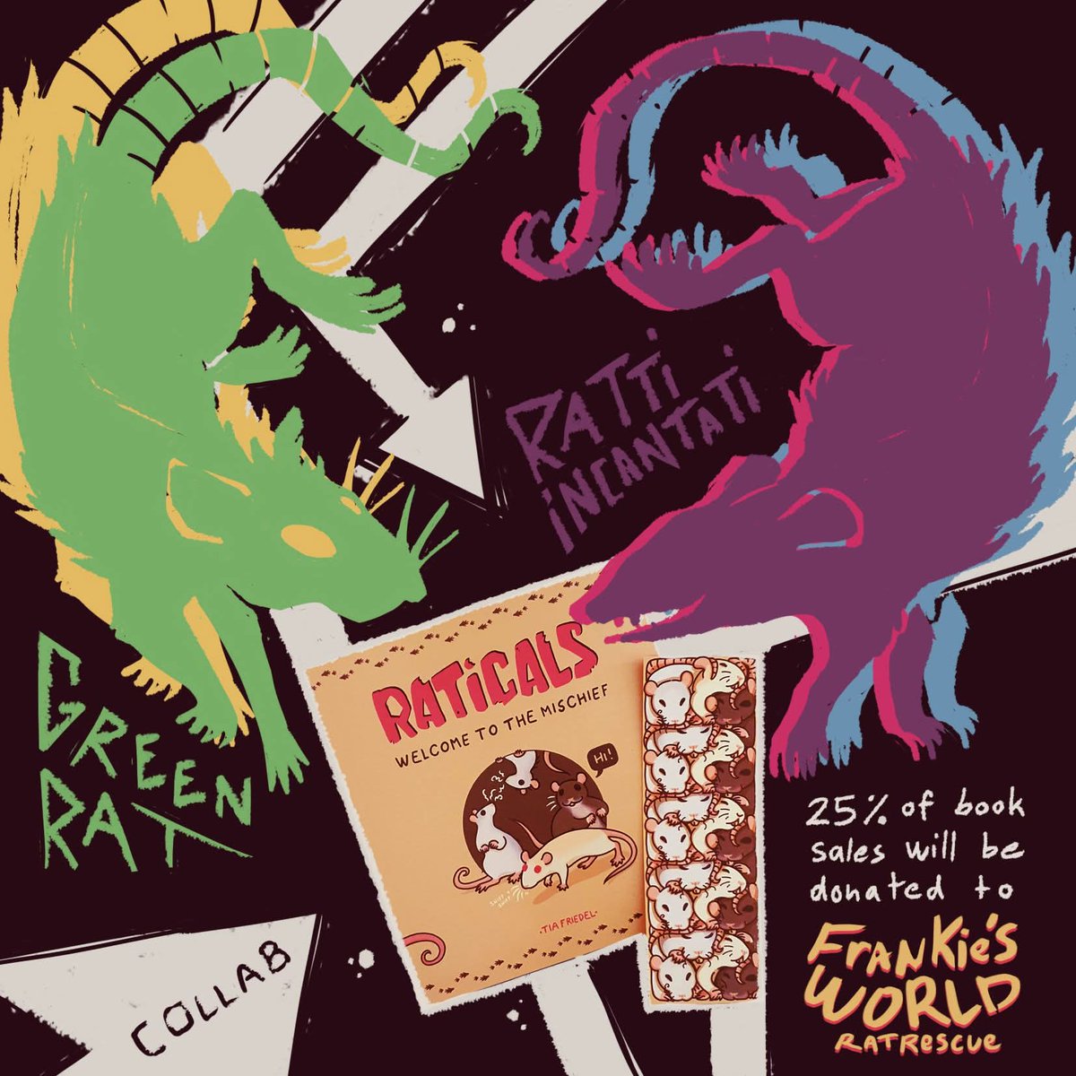 GrrreenRat's tweet photo. Raticals comic books have arrived to Canadaaa! 🇨🇦
After a long wait of being stuck in customs they made it and I'm absolutely thrilled to be collaborating with @rattiincantati  💚💜
Aaand 25% of the book sales will be donated to Frankie’s World Rescue 🩷

https://t.co/rd6o5y4T72 https://t.co/kD14VQsXNJ