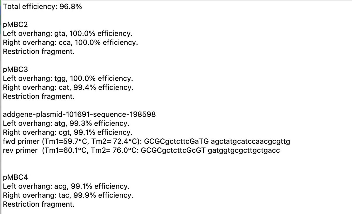 ApEplasmid's tweet photo. @ATinyGreenCell @PeterCiaccia It then generates the assembly, including PCR primers. If there are two adjacent PCR fragments , it optimizes the junction(s) to use the most orthogonal overhang(s). https://t.co/UFWnqSOC4a