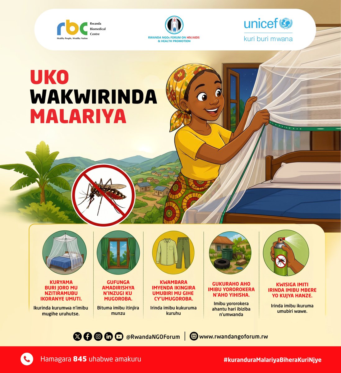 RwandaNGOForum's tweet photo. 🦟 MENYA UKO MALARIYA YANDURA N’UKO WAYIRINDA.

Malariya ntabwo yandurira mu gusuhuzanya cyangwa gusangira ibikoresho. Yandura binyuze mu kurumwa n’umubu w’ingore wo mu bwoko bwa Anofele wanduye agakoko gatera Malariya.

Iyo umubu urumye umuntu urwaye Malariya, unyunyuza amaraso arimo udukoko dutera iyo ndwara. Iyo wongeye ukaruma undi muntu, umushyiramo utwo dukoko bikaba intangiriro yo kurwara Malariya.

📢 Menya uburyo wakwirinda kwandura Malariya:

✅ Ryama mu nzitiramubu
✅ Irinde ahororokera imibu hafi y’urugo
✅ Gufunga amadirishya nimugoroba
✅ Ihutire kujya kwa muganga hakiri kare igihe ufite ibimenyetso

Ubumenyi ni intwaro ikomeye mu kurwanya Malariya 💚

Kurandura Malariya Bihera Kuri Njye!

#ZeroMalariaRW
#MenyaWirindeRW
#TogetherForHealthRW
#RCCERw