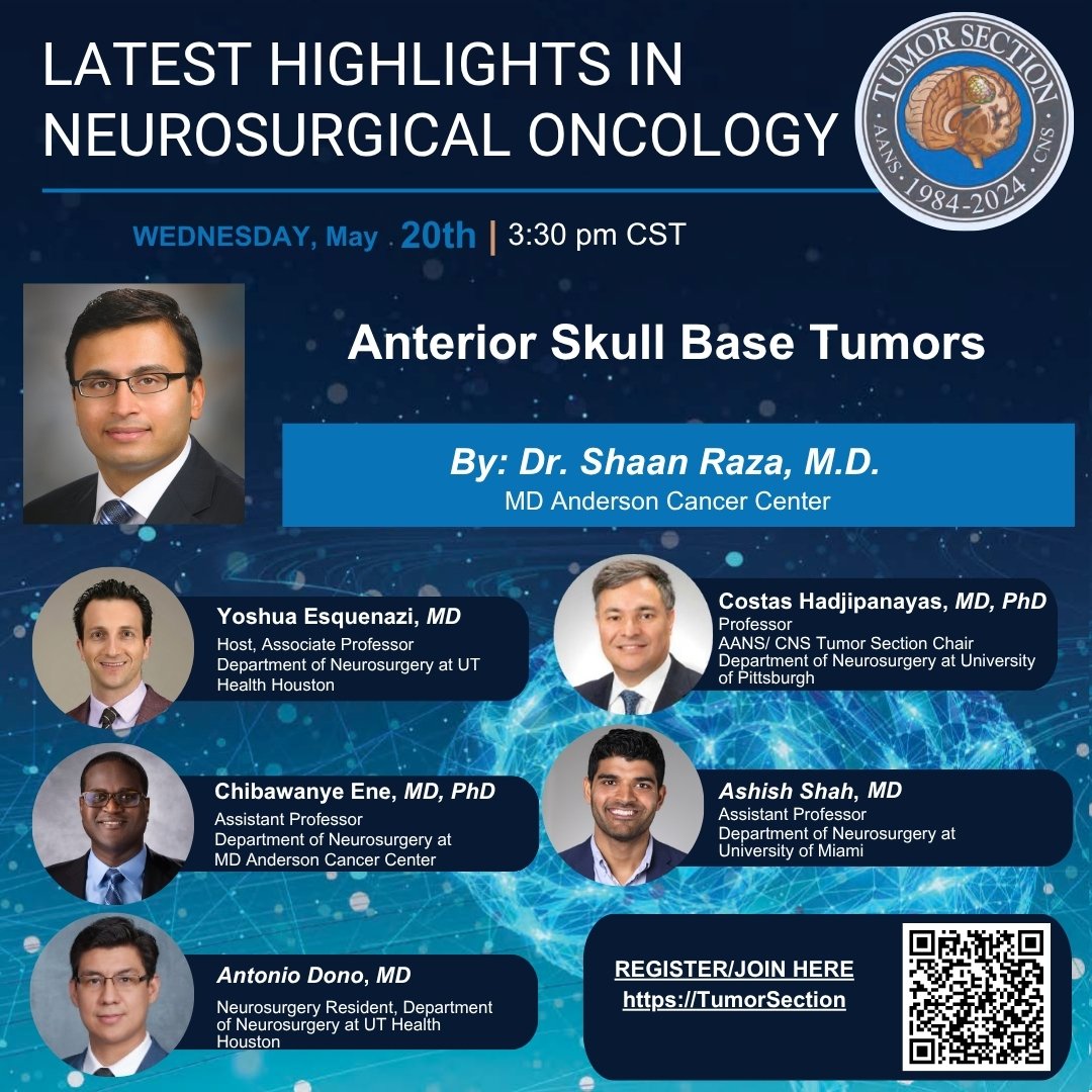 NSTumorSection's tweet photo. 🧠 Few areas in neurosurgery are more demanding than the anterior skull base.
🔬 Complex anatomy
⚡ High-stakes decisions
🎯 Precision surgery
Join Dr. Shaan Raza (MD Anderson)
📅 May 20 | 3:30 PM CST
👇 Register
https://TumorSection
#Neurosurgery #SkullBase #BrainTumor #NeuroOnc https://t.co/2nQulWc2Q7