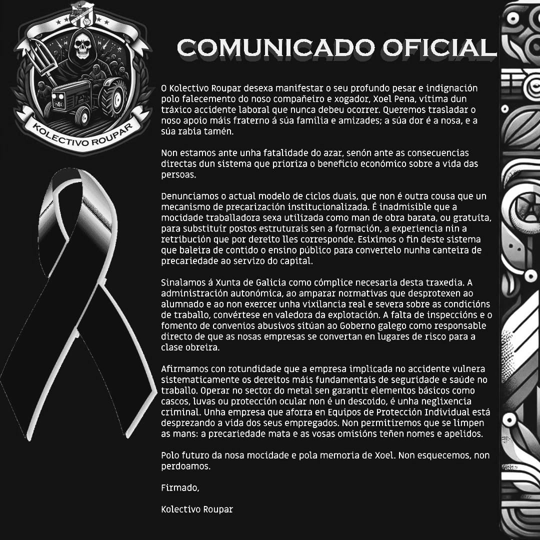 XustizaParaUnai's tweet photo. Dende a Plataforma Xustiza para Unai queremos mandar o noso cariño e apoio á familia e amigos de Xoel Pena, un rapaz das Pontes asasinado pola Patronal.
Non son accidentes, son asasinatos!!
#xustizaparaxoel #xustizaparaunai https://t.co/9NO4MswOSt