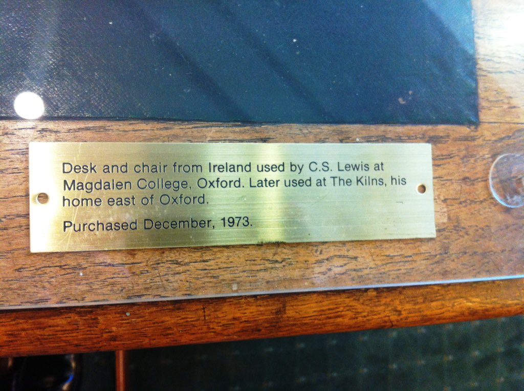 BBHerodotus's tweet photo. The desk on which C.S. Lewis wrote much of his fiction, including the Space Trilogy, at Wheaton College in Illinois. https://t.co/VR06Q99Hnd