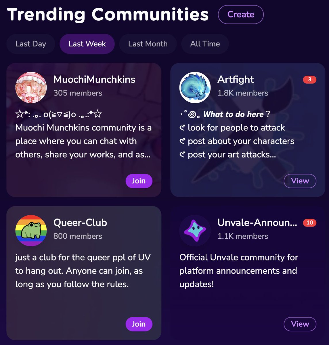 unvale_io's tweet photo. We have our newest "Top Communities" of the week! We now have over 50k members across 4k unique communities on Unvale. Come join one, or start your own! #aifree #community #alternative #toyhouse #OC https://t.co/PCiRKflRMN