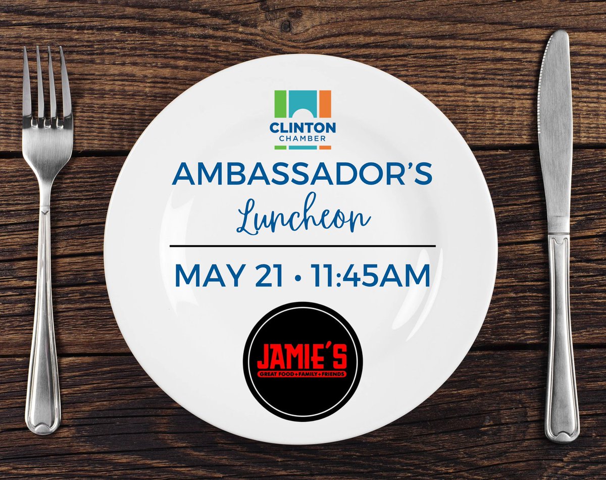 39056_Chamber's tweet photo. Interested in getting more involved in the Chamber? Join us for our next Ambassador's Luncheon on May 21st at Jamie’s! 

Email us at info@clintonchamber.org if you're interested in learning more or joining us as an Ambassador! https://t.co/D1305Np4y0